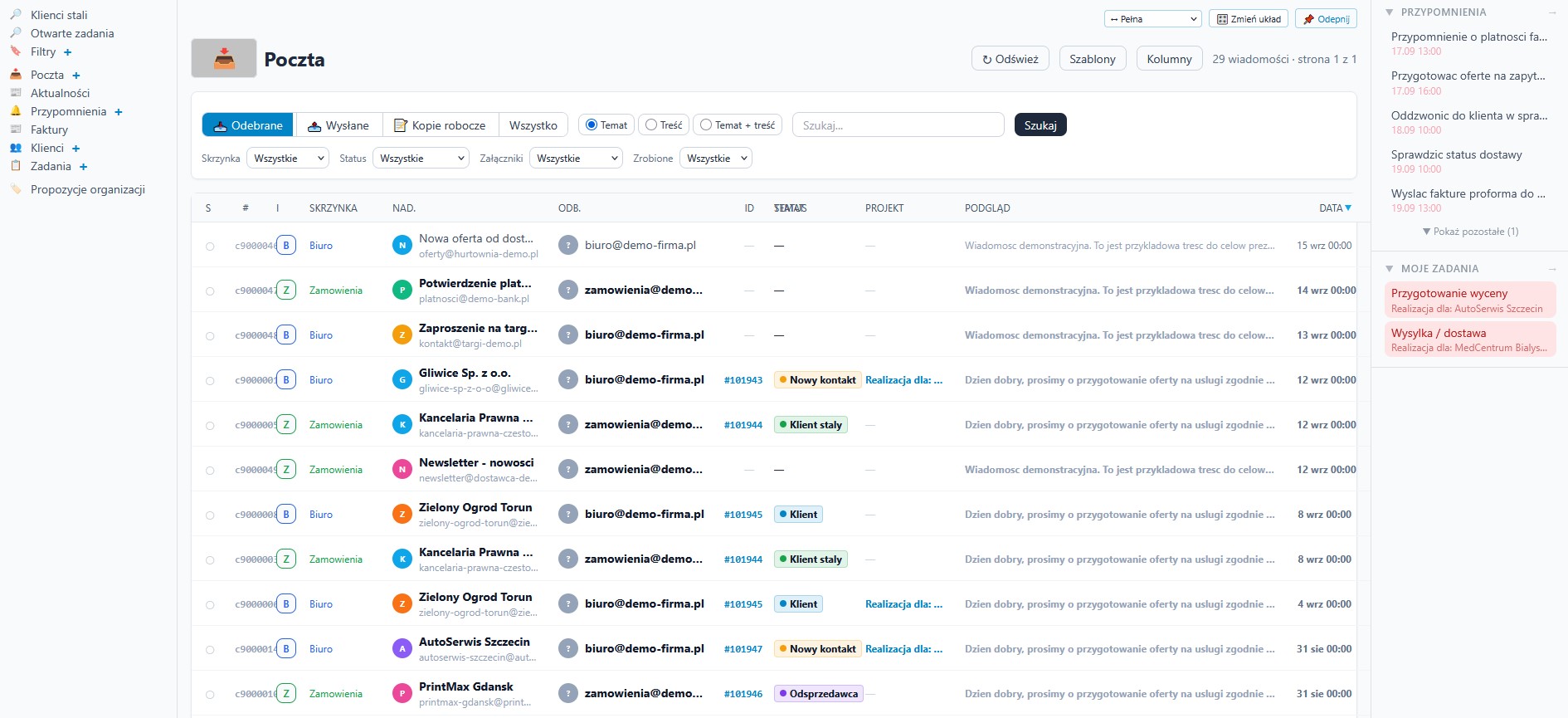 Lista wiadomości w module poczty demonstracyjnego systemu CRM TN2
